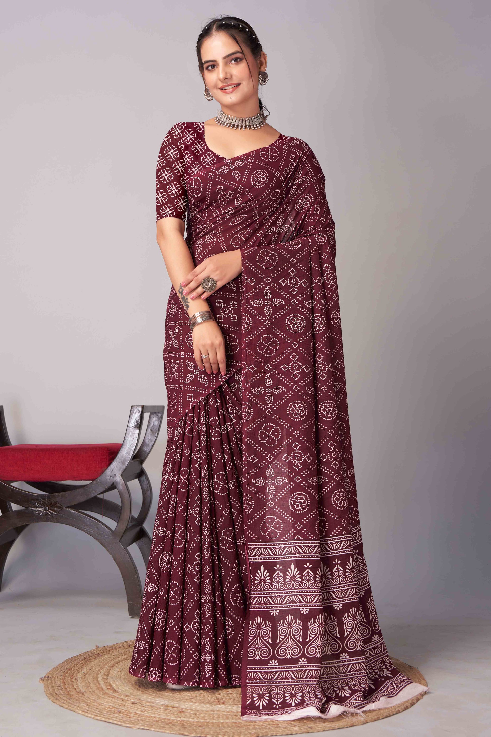 Dark Maroon Ajrakh Printed Cotton Blend Saree