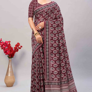Dark Maroon Ajrakh Printed Cotton Blend Saree