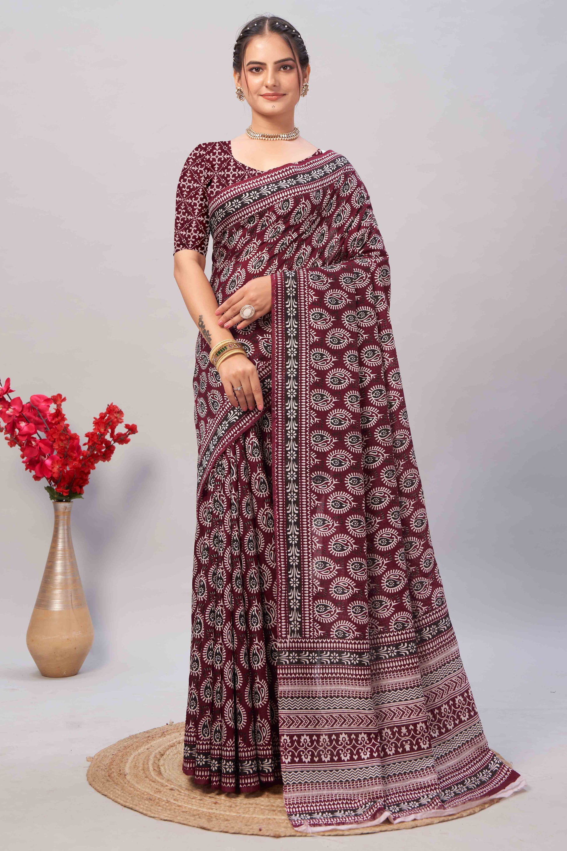 Dark Maroon Ajrakh Printed Cotton Blend Saree