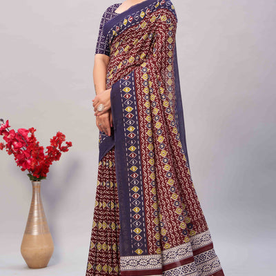 Maroon & Blue Ajrakh Printed Cotton Blend Saree
