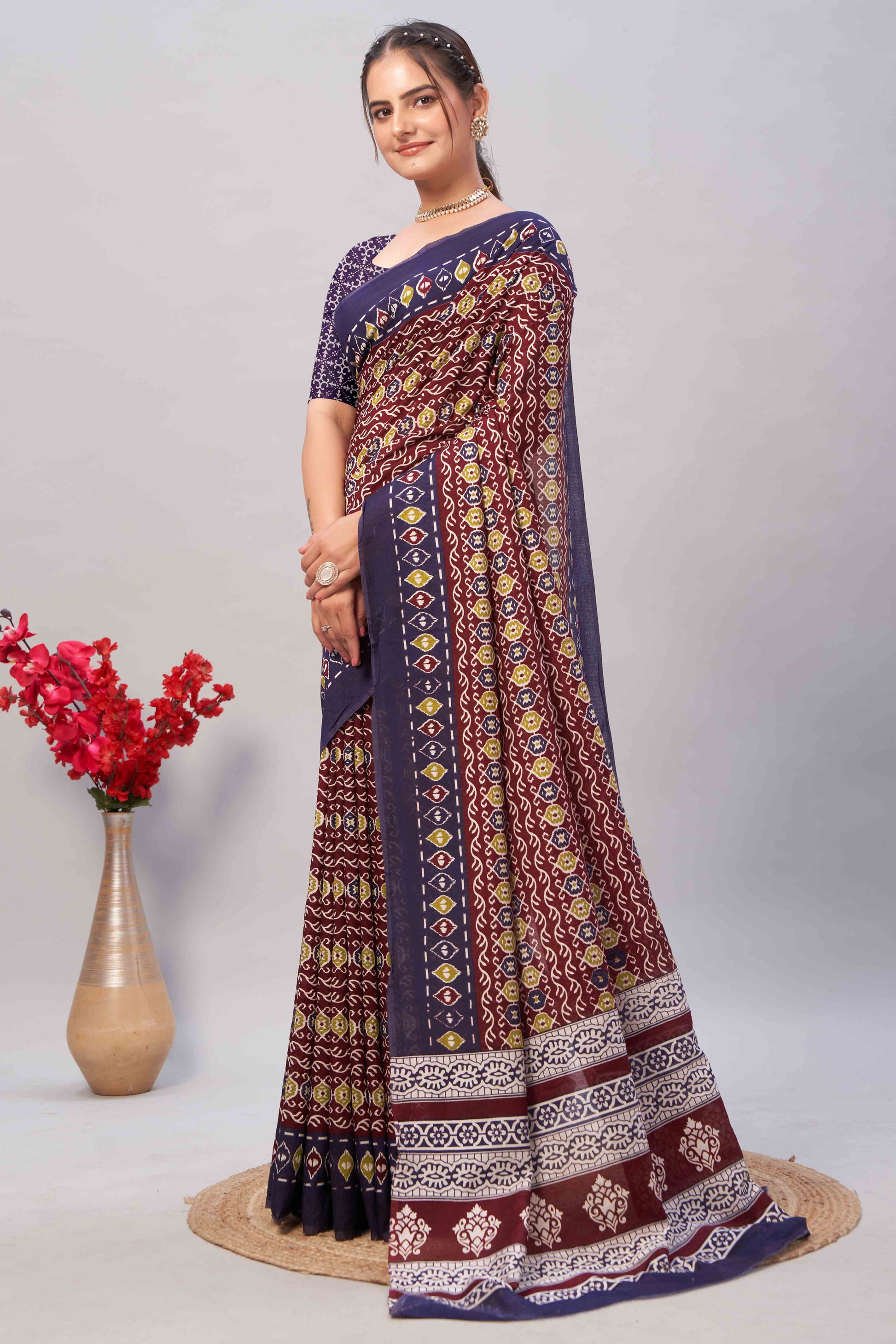 Maroon & Blue Ajrakh Printed Cotton Blend Saree