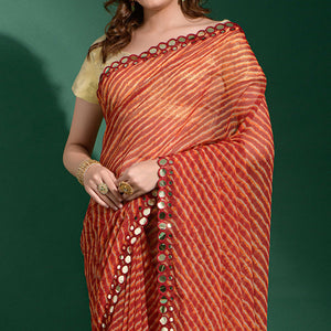 Maroon Leheriya Printed With Embroidered Border Chiffon Saree