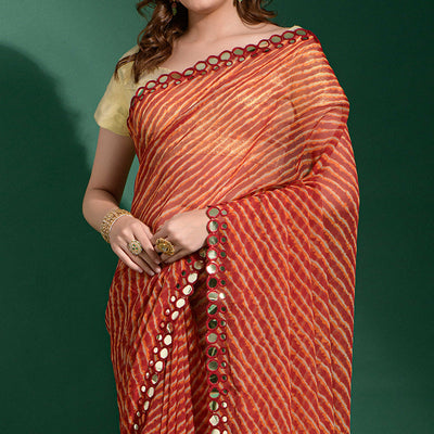 Maroon Leheriya Printed With Embroidered Border Chiffon Saree