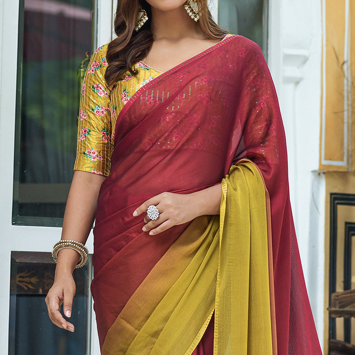Maroon & Yellow Solid Chiffon Saree With Tassels