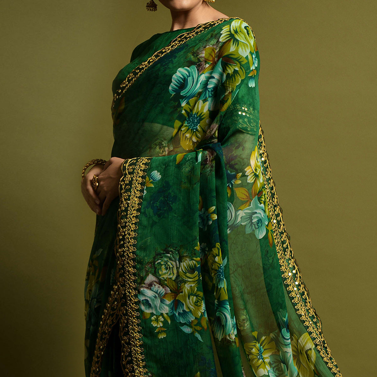 green-floral-printed-georgette-saree-with-embroidered-border