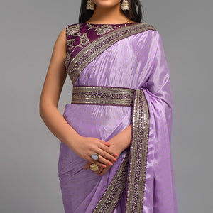 Light Purple Foil Printed With Embroidered Border Chinon Saree