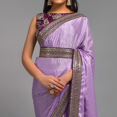 Light Purple Foil Printed With Embroidered Border Chinon Saree