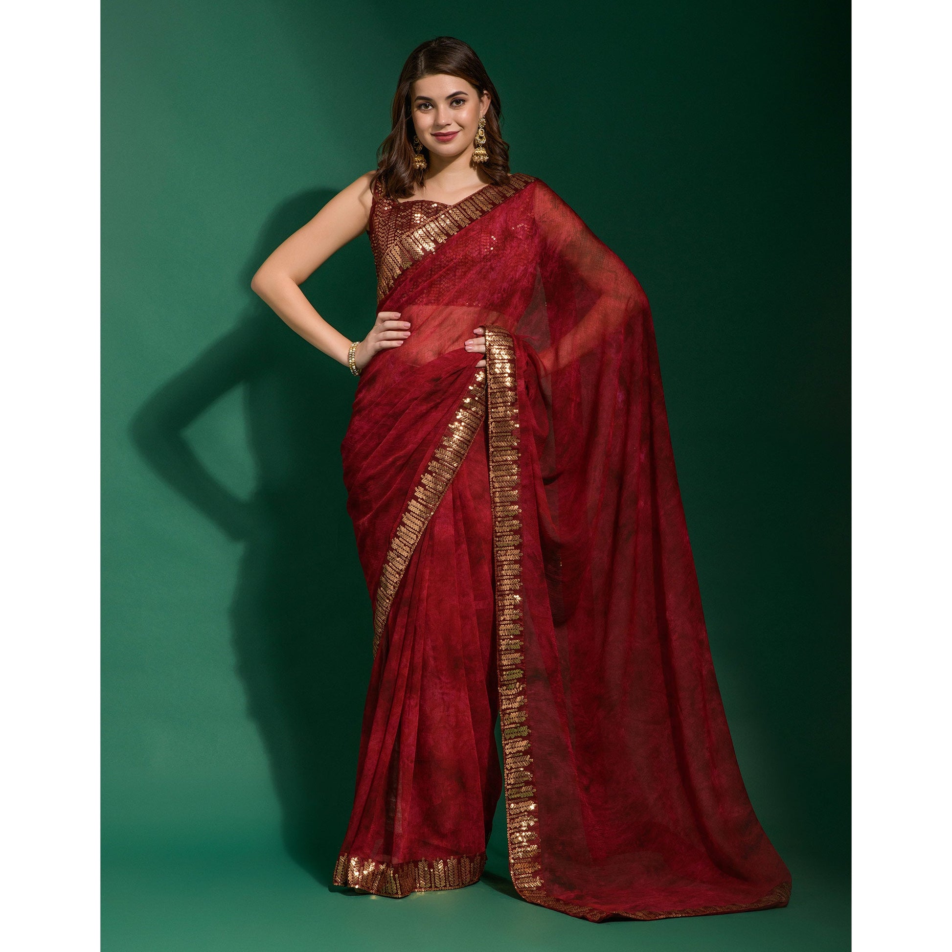 Maroon Printed With Sequins Border Chiffon Saree