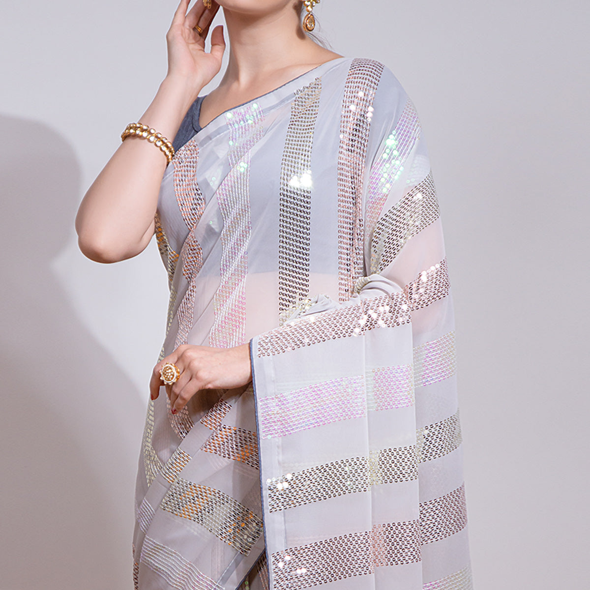Grey Sequins Embroidered Georgette Saree