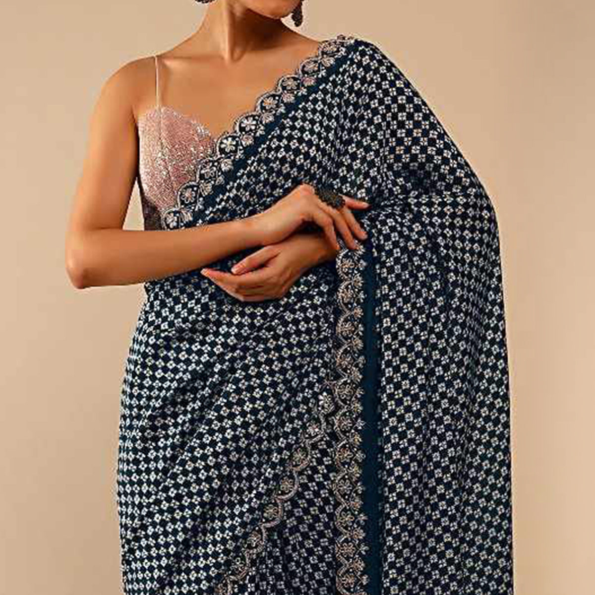Grey Printed With Embroidered Border Chinon Saree
