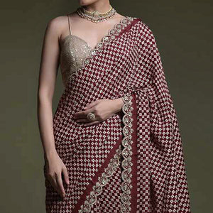 Maroon Printed With Embroidered Border Chinon Saree