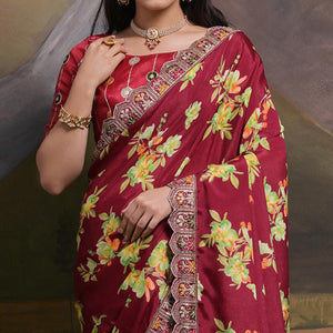 Maroon Floral Printed Chinon Saree With Embroidered Border