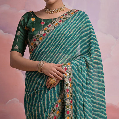 green-leheriya-printed-with-embroidered-border-georgette-saree