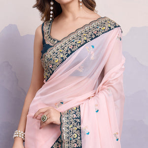 Light Peach Floral Sequins Embroidered Organza Saree With Lace Border