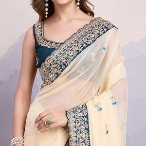 Cream Floral Sequins Embroidered Organza Saree With Lace Border