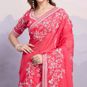 Gajari Pink Floral Sequins Embroidered Organza Saree With Lace Border