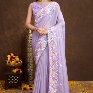 Lavender Floral Sequins Embroidered Organza Silk Saree