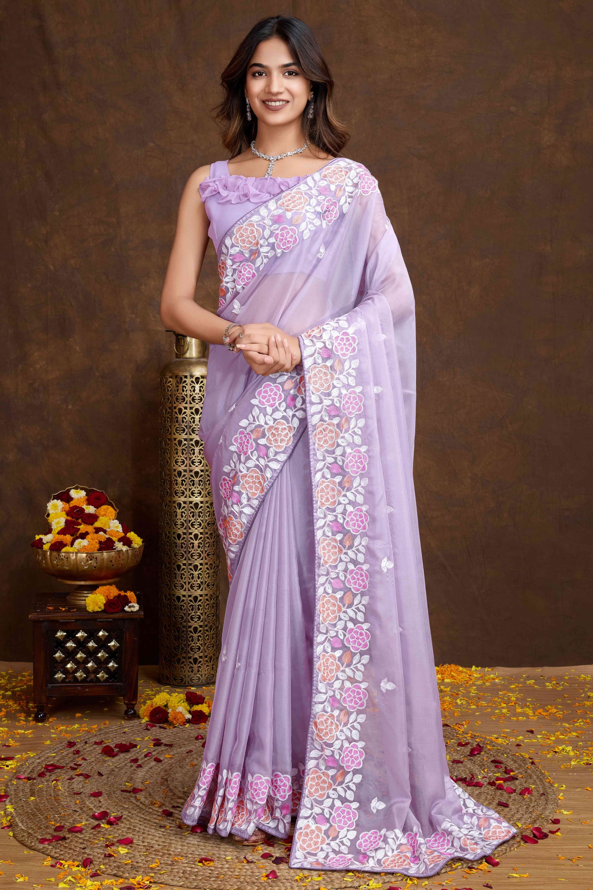 Lavender Floral Sequins Embroidered Organza Silk Saree