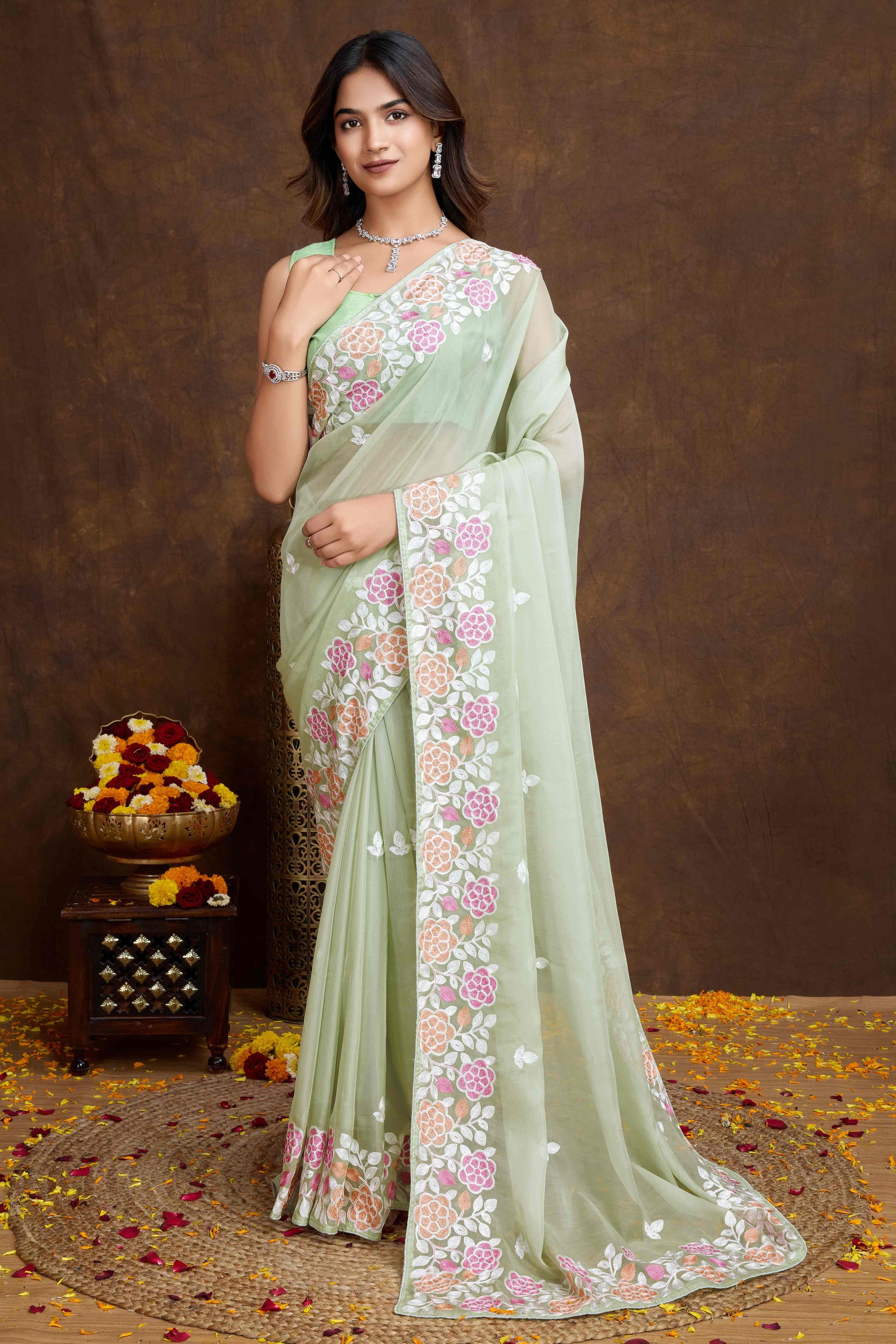 green-floral-sequins-embroidered-organza-silk-saree