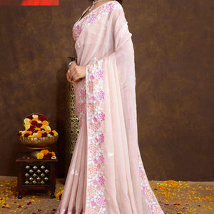 Light Peach Floral Sequins Embroidered Organza Silk Saree