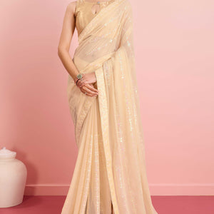 Cream Floral Sequins Embroidered Georgette Saree