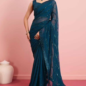 Morpich Floral Sequins Embroidered Georgette Saree