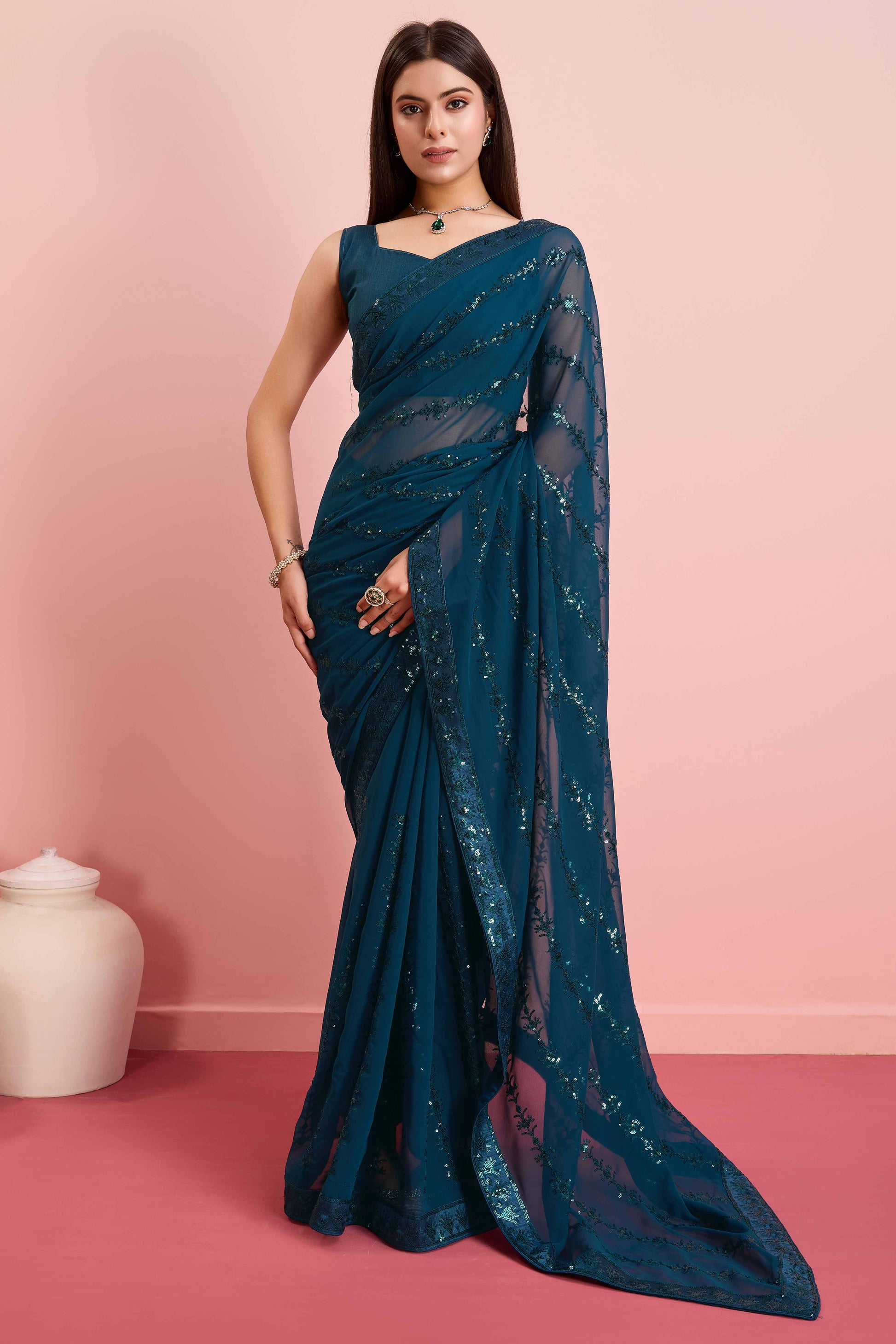 Morpich Floral Sequins Embroidered Georgette Saree
