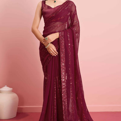 Maroon Floral Sequins Embroidered Georgette Saree