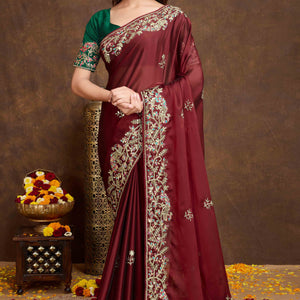 Maroon Floral Sequins Embroidered Vichitra Rangoli Silk Saree