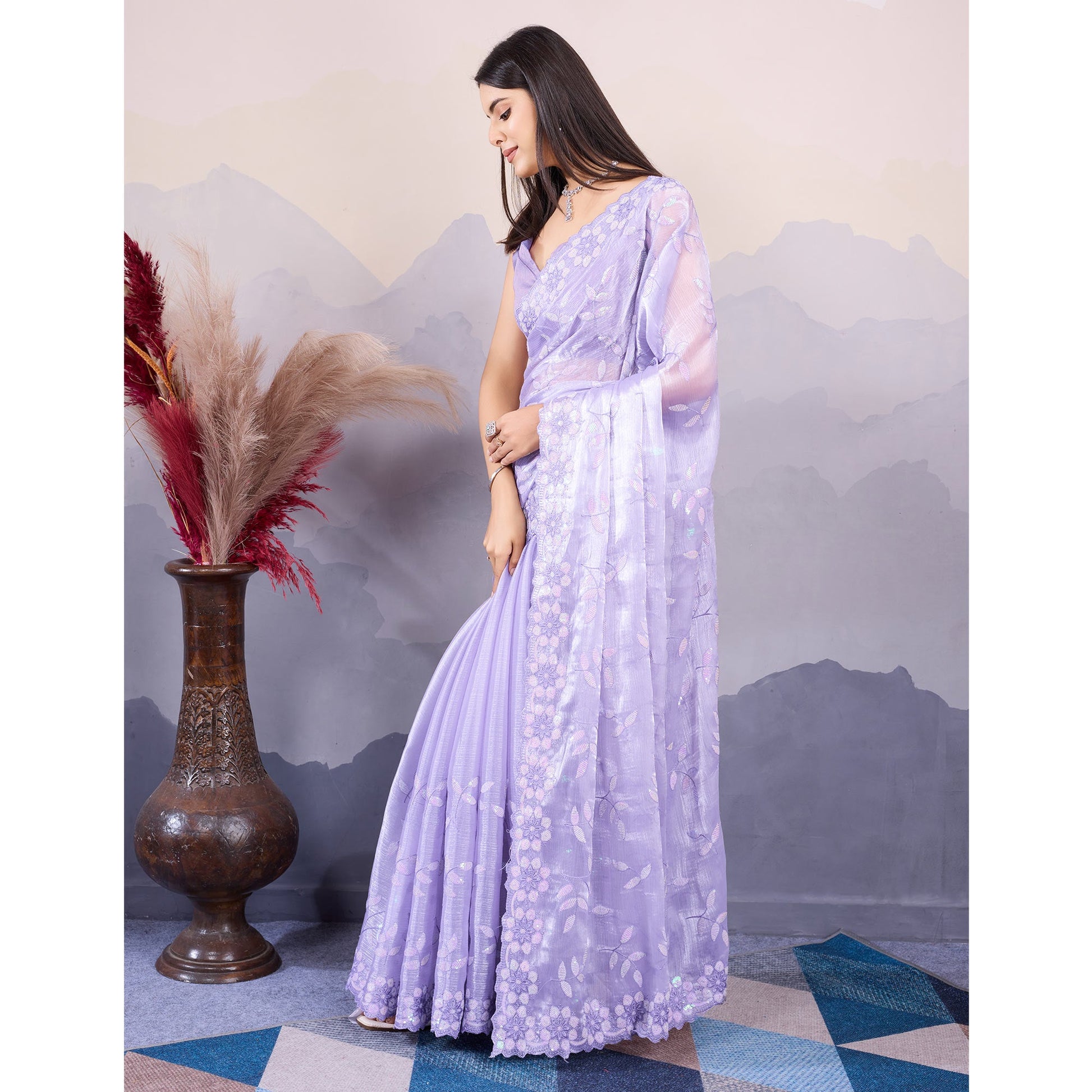 Lavender Sequins Embroidered Art Silk Saree