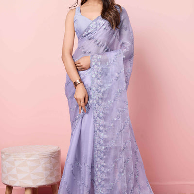 Lavender Floral Sequins Embroidered Burberry Silk Saree