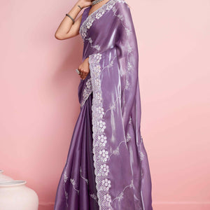 Lavender Floral Sequins Embroidered Jimmy Choo Tissue Saree