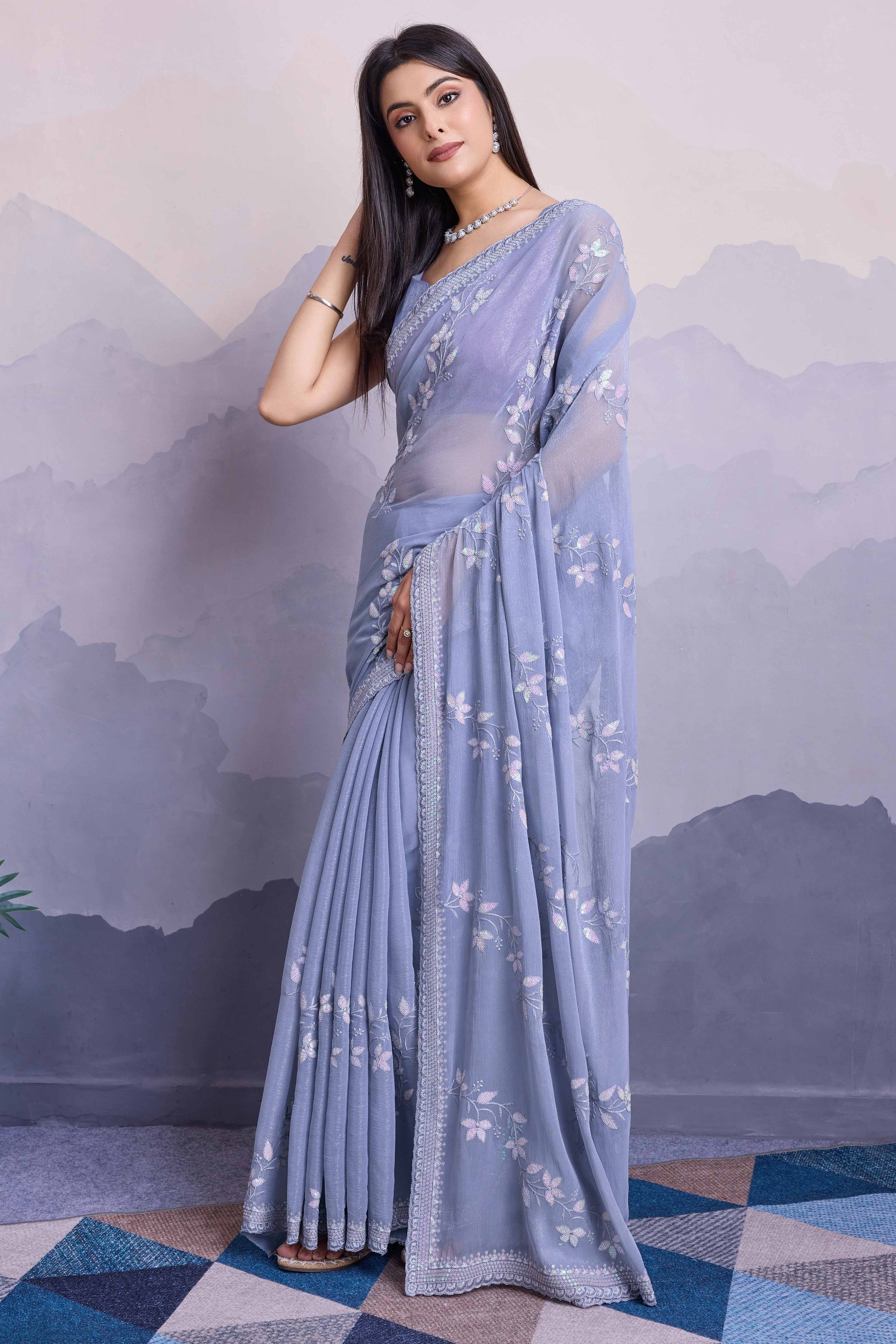 Lavender Floral Sequins Embroidered Chiffon Saree