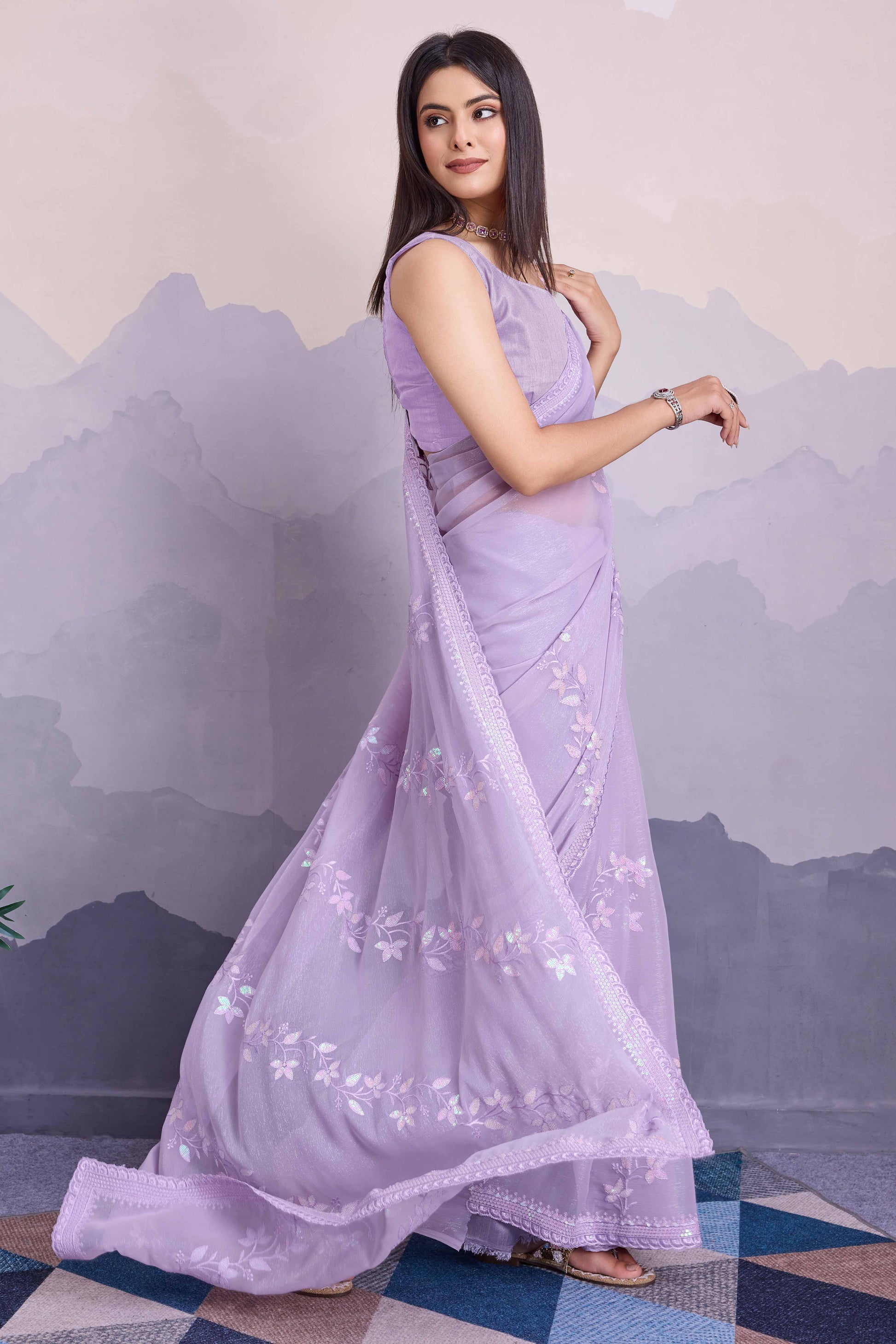 Light Purple Floral Sequins Embroidered Chiffon Saree