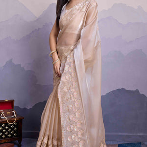 Cream Floral Sequins Embroidered Jimmi Choo Zoya Silk Saree