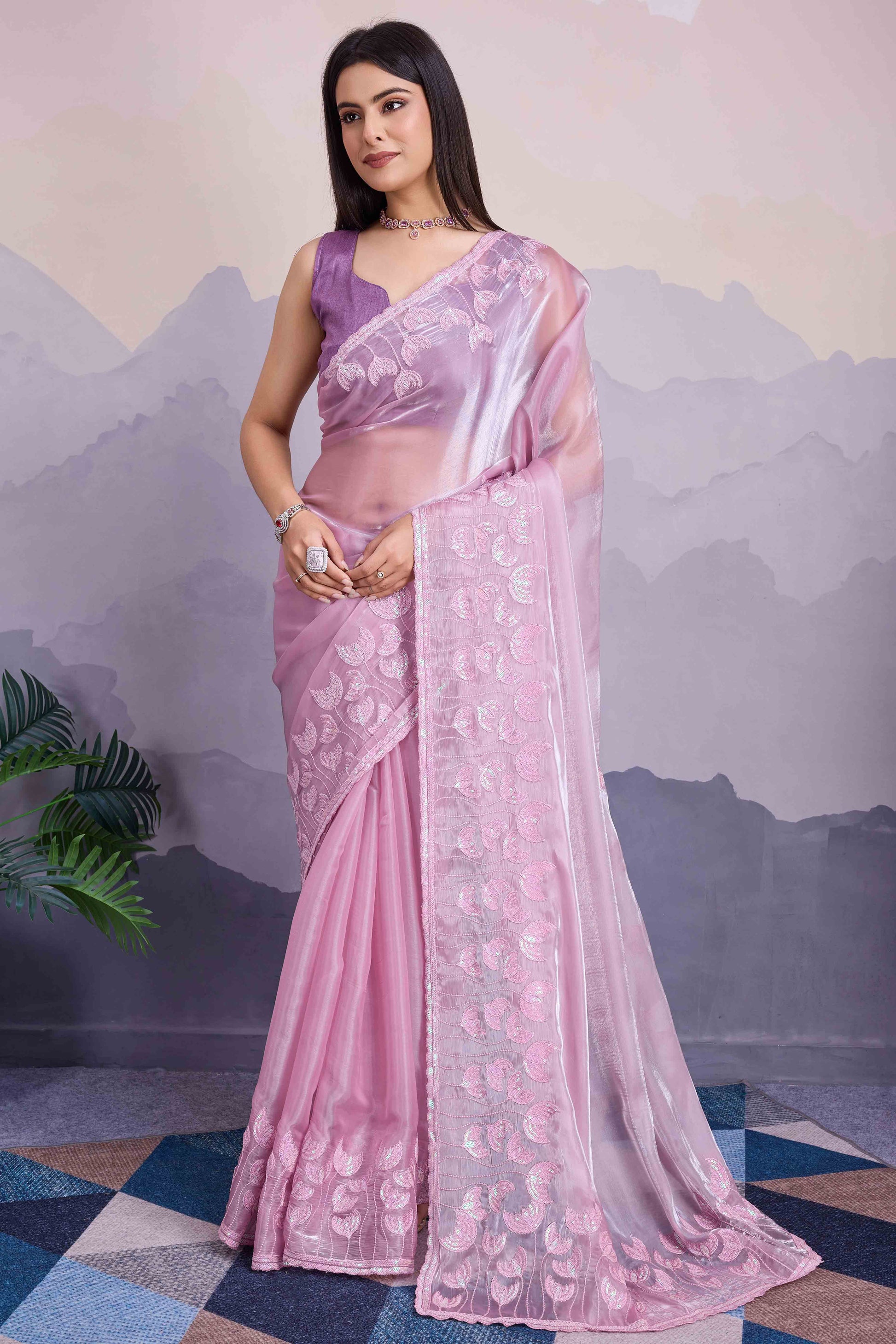 Light Purple Floral Sequins Embroidered Jimmi Choo Zoya Silk Saree
