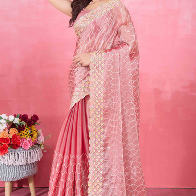 Gajari Pink Floral Sequins Embroidered Mulberry Silk Saree