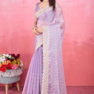 Lavender Floral Sequins Embroidered Mulberry Silk Saree