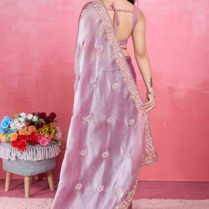 Light Purple Floral Sequins Embroidered Mulberry Silk Saree