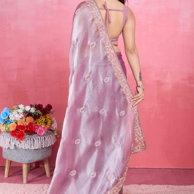Light Purple Floral Sequins Embroidered Mulberry Silk Saree