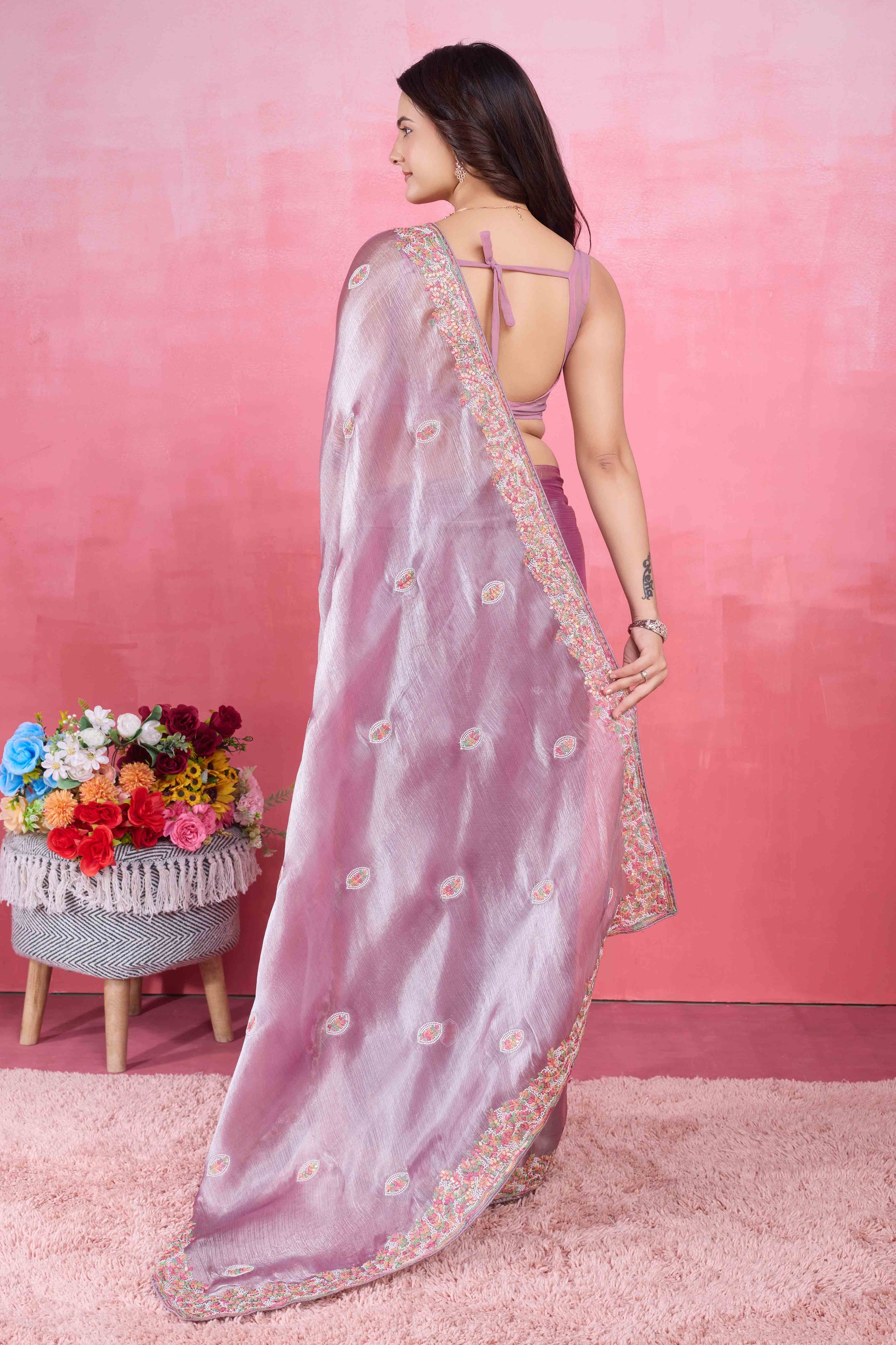 Light Purple Floral Sequins Embroidered Mulberry Silk Saree