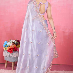 Lavender Floral Sequins Embroidered Mulberry Silk Saree
