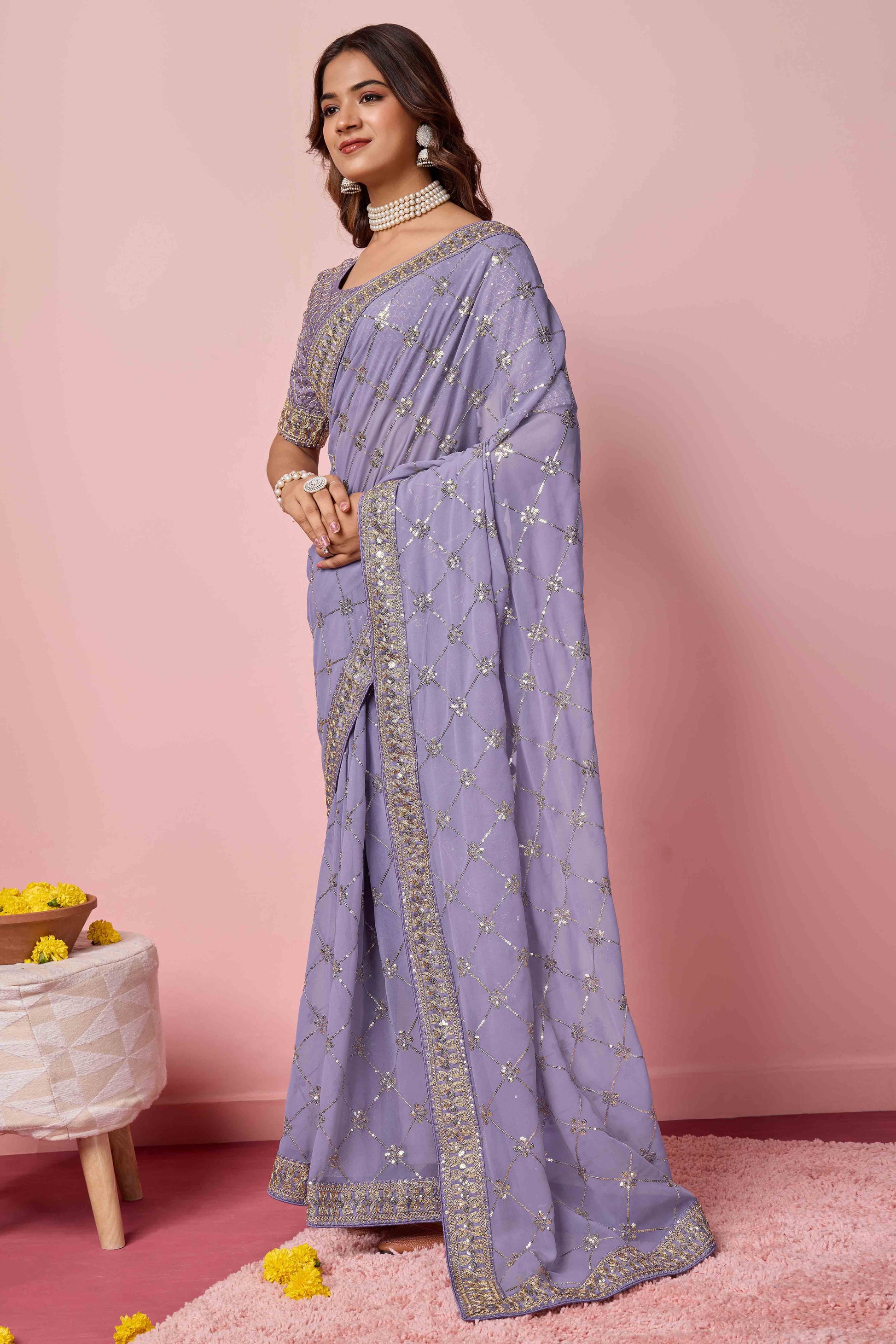 Lavender Sequins Embroidered Georgette Saree