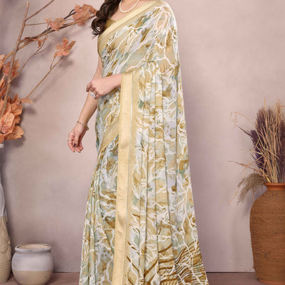 Dark Mustard Floral Printed Moss Art Silk Saree