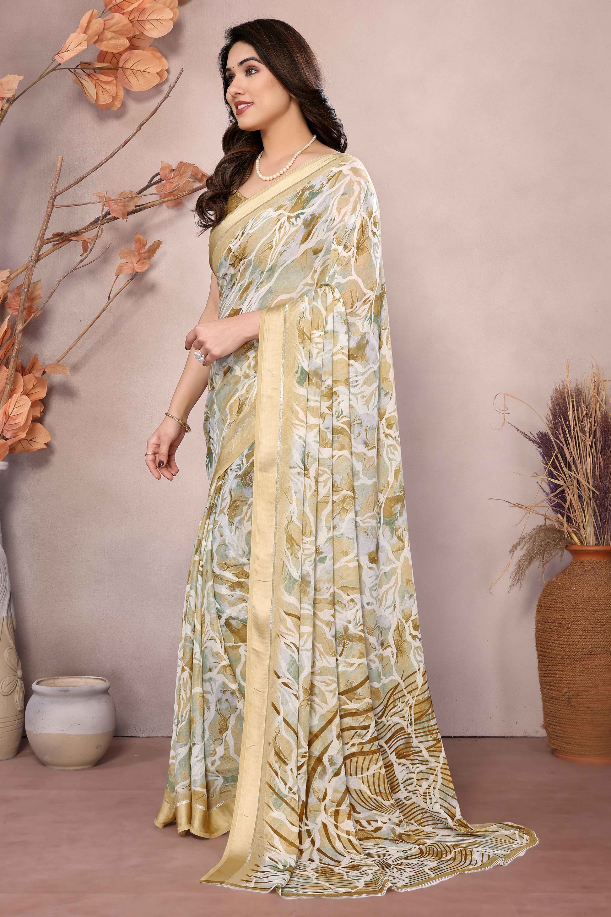 Dark Mustard Floral Printed Moss Art Silk Saree