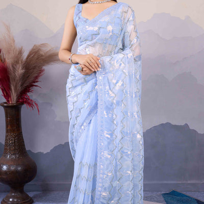 Blue Sequins Embroidered Twill Net Saree