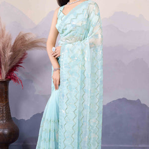 Light Turquoise Sequins Embroidered Twill Net Saree