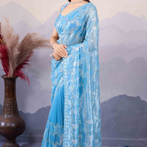 Blue Sequins Embroidered Twill Net Saree