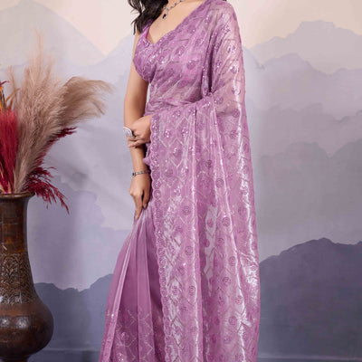 Mauve Sequins Embroidered Twill Net Saree
