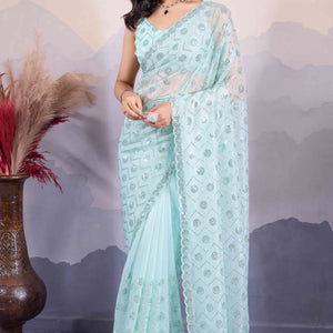 Blue Sequins Embroidered Twill Net Saree